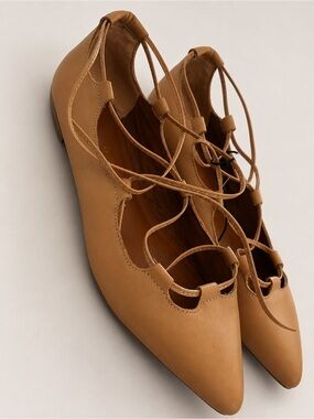 GAP Women's Tan Lace-Up Pointed-Toe Ballet Flats